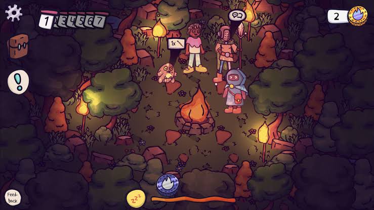 Fireside game screenshot showcasing a whimsical, doodle-like fantasy world with a blue-hued merchant character named Knick standing by a campfire