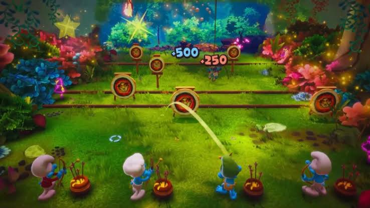 Screenshot of The Smurfs Village Party gameplay showing vibrant mini-games and characters.