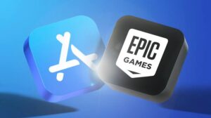 Apple and Epic Games logos symbolizing app store approval in EU. Apple Approves Epic Games Store.