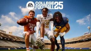 Screenshot of College Football 25 Team Builder feature showing customization options for uniforms, players, and stadiums.