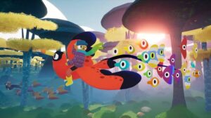 A player soaring on a giant bird through a whimsical, colorful landscape in Flock. Flock Review