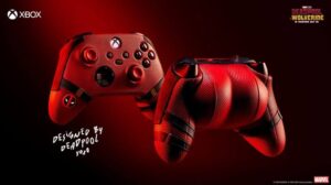 Deadpool-themed Xbox controller featuring raised design of Deadpool's iconic suit