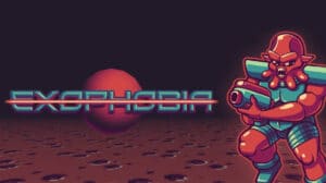 Screenshot of Exophobia game showing intense alien combat in a retro-style spaceship.