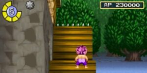 Tomba! Special Edition gameplay screenshot featuring Tomba in a colorful forest environment.