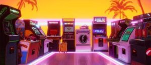 Screenshot of Arcade Paradise VR gameplay on PSVR2, featuring classic arcade cabinets in a retro-themed setting. Arcade Paradise VR 2